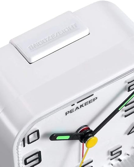 Peakeep 3D Numbers No Tick-Tock Analog Alarm Clock with Classic Beep Sound, Snooze, Manual Light and Battery Powered Small for Travel (White-3D)