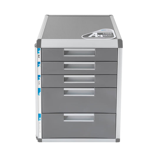 Desktop Drawer Organizer Compartments with Labels,Grey Lockable Aluminum Alloy Drawers File Cabinet,Paper & Various Office Supplies Organizer for Home School (5 Drawers)