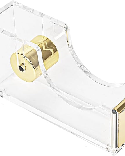 Gold Tape Dispenser, Clear Acrylic Desk Tape dispensers with Serrated Metal Edge, Modern Aesthetic Office & Craft Tape Organizer for Gift Wrapping, 1 Inch Core, Non-Slip Weighted Base