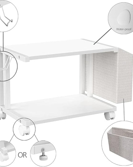 VEDECASA 2 Tier Modern White Wooden Under Desk Printer Stand with Storage Bag for Home Office Desktop Printer Table Organizer Mobile Printer Shelf Cart with Caster Wheel (White)