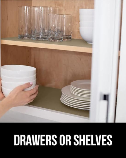 GORILLA GRIP DripGuard Shelf Liner, Non Adhesive Drawer and Kitchen Cabinet Protector, Slip Resistant BPA Free Smooth Surface Plastic Liners for Cabinets, Bathrooms, Closets, 17.5x240 Inch, Beige