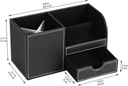 KINGFOM Desk Organizer Office Supplies Caddy Pu Leather Multi-function Storage Box Pen/Pencil,Cell phone, Business Name Cards Remote Control Holder with Small Drawer Black