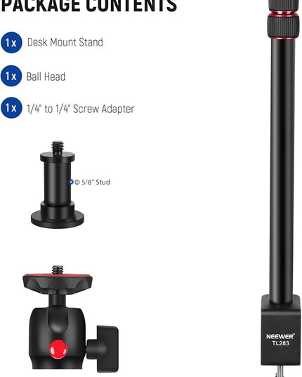 NEEWER Extendable Camera Desk Mount with Ball Head, 17"-40" Adjustable Table Light Stand with 1/4" Screw & C Clamp for DSLR Camera, Ring Light, Live Stream, Vlog, Max Load: 6.6lb/3kg, TL283 (RED)