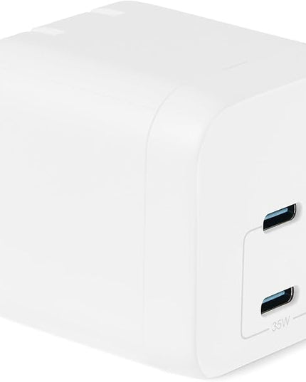 Amazon Basics Fast Charging USB C Nano GaN Wall Charger, 35W 2-Port for Tablets Phones, White