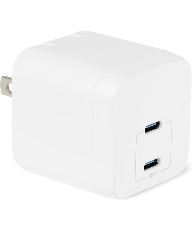 Amazon Basics Fast Charging USB C Nano GaN Wall Charger, 35W 2-Port for Tablets Phones, White