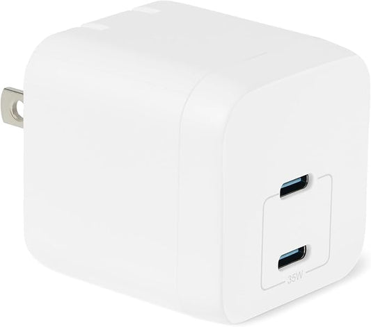 Amazon Basics Fast Charging USB C Nano GaN Wall Charger, 35W 2-Port for Tablets Phones, White