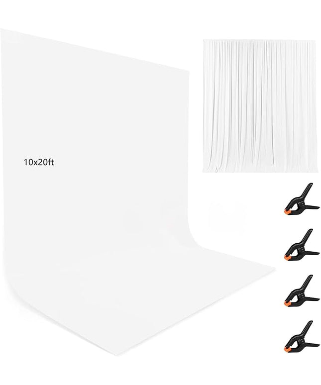 10X20ft White Photo Backdrops for Photography, LCUIRC Two Rod Pocket Backdrops Curtain for Parties, Polyester Background with 4 Clamps for Product Protrait Photoshoot or Parties Decoration