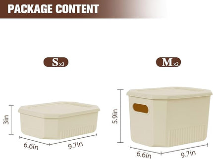 ANMINY 5PCS Plastic Storage Bins Containers with Lids, Large Storage Organization Bins Boxes, Lidded Plastic Storage Baskets for Closet Shelves Drawers Desktop Home Office, Ivory