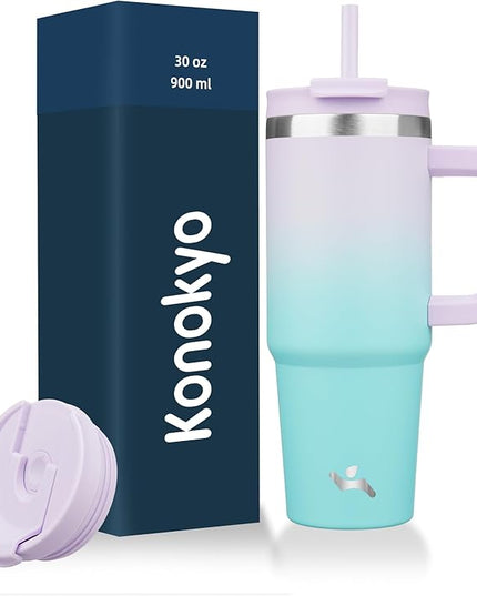 30 oz Tumbler with Handle and 2 Straws,2 in 1 Lid Insulated Water Bottle Stainless Steel Travel Coffee Mug,Lavender Green
