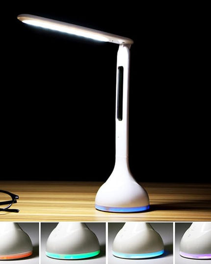 IHAO 7-Color Gradient Ambient Desk Lamp with LED Display Eye-Caring LED Table Lamp with Calendar, Temperature Display, Multi-Angle Adjustable Modern Office Lamp for Home & Office T19A White