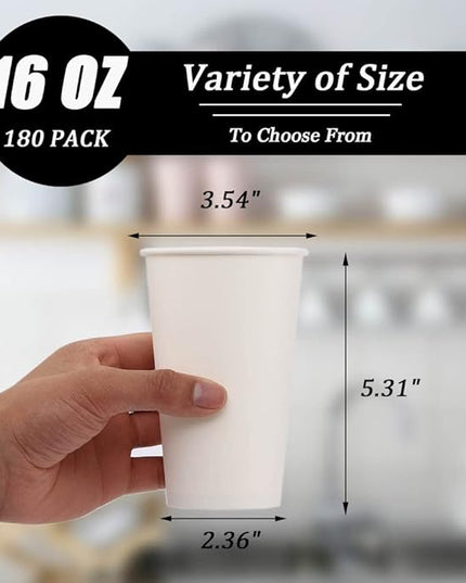 Lamosi 16 oz Disposable Coffee Cups, 180 Pack 16 oz White Paper Cups, Hot/Cold Beverage Drinking Cups for Water Juice or Tea, Office Party Home Travel