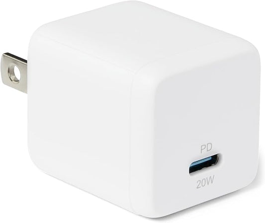 Amazon Basics Fast Charging USB C Nano GaN Wall Charger, 20W 1-Port PD 3.1 for Tablets Phones, White