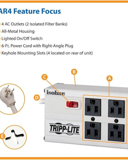 Tripp Lite IBAR4-6D Premium Isobar 4-Outlet Surge Protector Power Strip, 6ft. Cord, Right Angle Plug, 3330 Joules, Metal Housing, Lifetime Manufacturer's Warranty & $50,000 Insurance