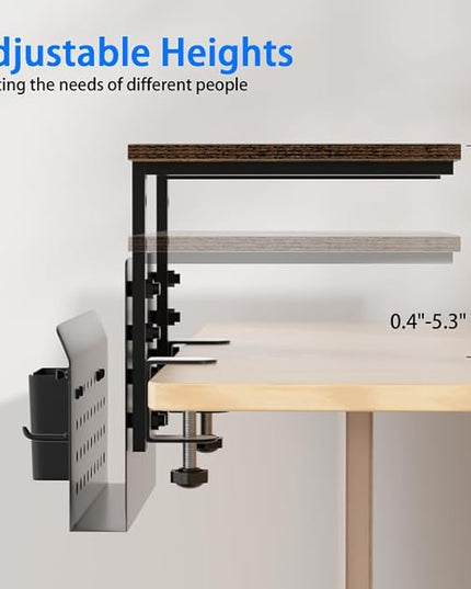 Desk Extender, Clamp On Desk Shelf Organizer, with Side Storage Steel Frame & 15 inch Wood Desktop Supplies Rack Clamp Mount Table Hanging Storage for Home Office Fits Flat Edge Tables 0.3" to 2.3"