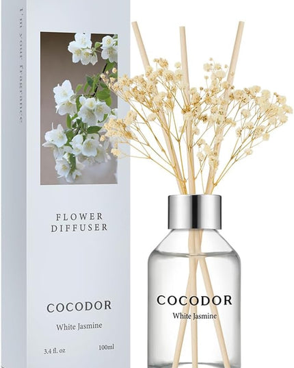 COCODOR Flower Reed Diffuser Set / 3.4oz / White Jasmine/Scent Diffuser with Sticks Home Fragrance Reed Diffuser for Bathroom Shelf Decor