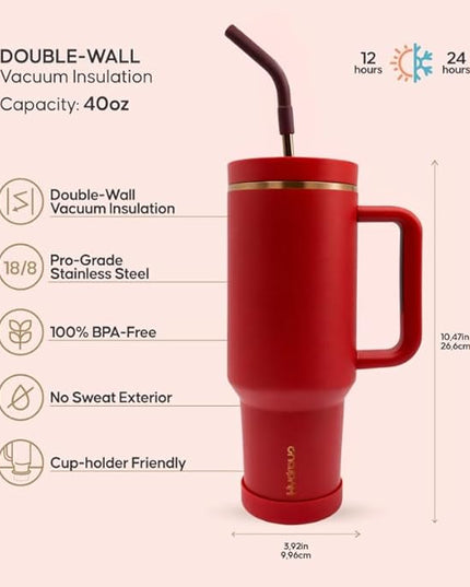 40oz Travel Tumbler Cup with Handle, Two-Way Slider Lid, Stainless Steel Straw with Silicone Tip, Vacuum Insulated Water Bottle for Hot & Cold Drinks, Great Gifts for Mom (Red Gold)