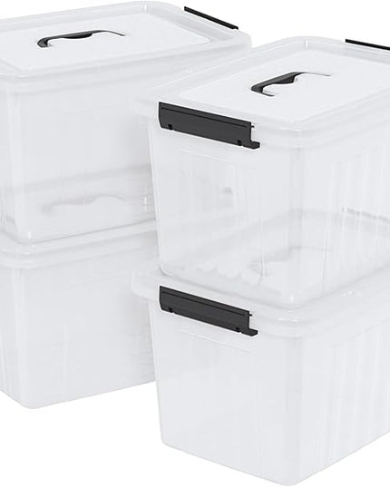 4 Packs 20 L Clear Plastic Storage Bins, Stackable Organizer Containers with Lids, Latching Box with Handle