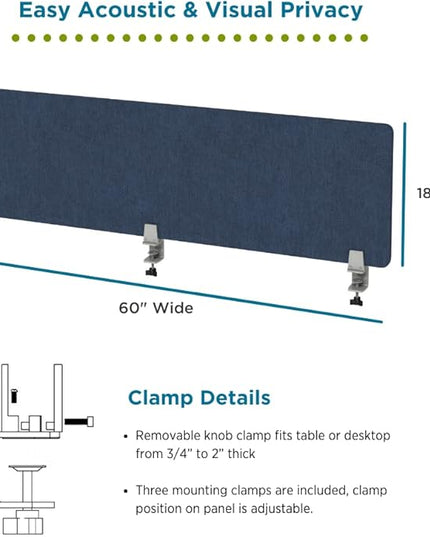 Sound Absorbing Privacy Shield - Desk Divider & Cubicle Wall (Dark Blue, 60" W x 18"H)