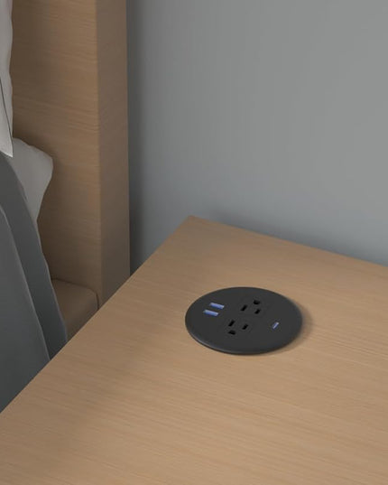 Desktop Power Grommet,PD20W Fast Charging USB-C.3 inch Flush-Mount Desk Outlet,Round Recessed Power Strip,3 USB Ports,2 AC Outlets,ETL Listed,6.5-FT Cable,Black