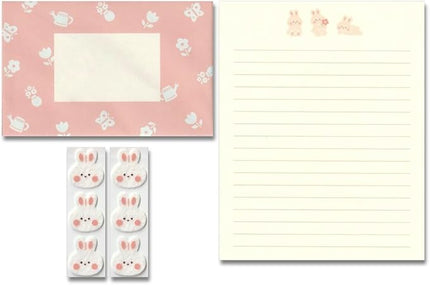 KUDOS.JP Cute Kawaii Japanese Stationery Letter Writing Paper with 12 Writing Papers and 6 Envelopes and Rabbit Fluffy 6 Sealing Gift Set for Teen, Girls, Kids