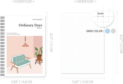 Monolike Ordinary days A5 Grid Spiral Notebook, Living room - Hardcover 5.83 x 8.27inch 128 Page,120GSM Thick paper