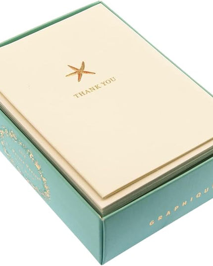 Graphique Starfish La Petite Presse Boxed Notecards - 10 Embossed and Embellished Gold Foil Starfish Blank Cards with Matching Envelopes, 3.25" x 4.75"