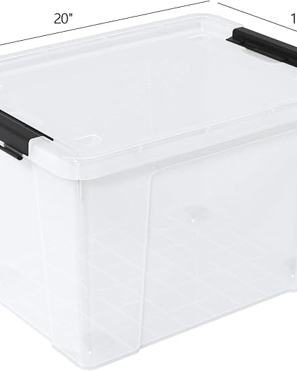 Set of 4 50 L Stackable Plastic Storage Container with Latching Lids and Wheels, Clear Home Garage Organization Bins Box, See-Through
