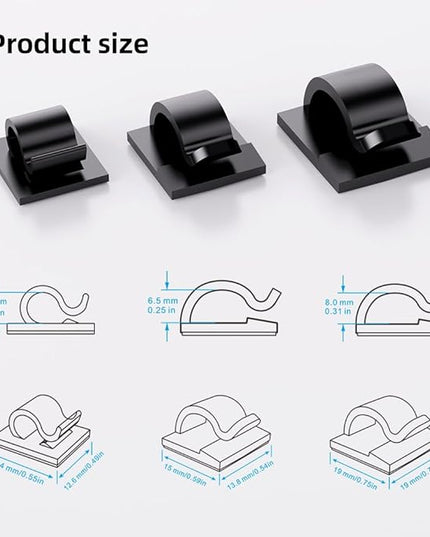 100 PCS Adhesive Cable Clips Cord Organizer (Small, Medium,Large),Wire Holder for Cable Management, Outdoor Light Clips Light Hooks for LED String,Car Dash Cam, Extension Cord (Black)