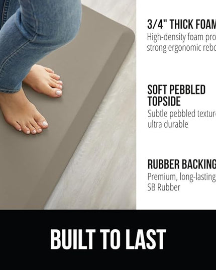 GORILLA GRIP Comfortable Cushioned Kitchen Mats for Floor, 48x20, Waterproof and Stain Resistant Soft Top, 3/4 Inch Thick Ergonomic Standing Desk Anti Fatigue Mat, Foam Supports Ankles and Feet, Taupe