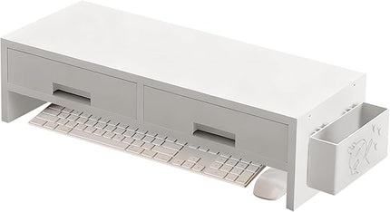 Desk Monitor Stand Riser, Double Drawer Ergonomic Organizer, Computer Desk Riser For Monitors And Accessories, Durable Wood Material, Family Friends Home Offices Indoor Study Bedroom Room Workstation