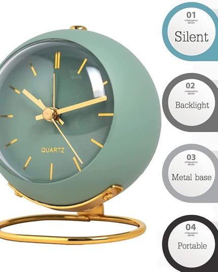SHISEDECO Small Tableclocks Classic Non-Ticking Tabletop Alarm Clock with Night Light, Battery Operated Deskclock with HD Glass for Living Room Bedroom Bedside Indoor Decor (RN- Green)