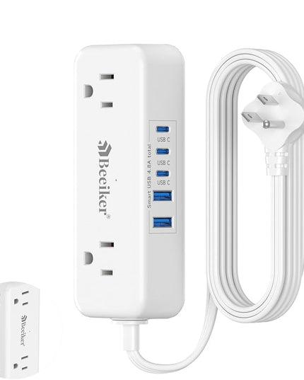 5 USB(3 USB C) Travel Power Strip- 5Ft Short Extension Cord with 5 USB Charging Station 24W/4.8A and 4 Wide Outlets, Compact Flat Plug Small Extension Cord for Travel Cruise College Dorm Office White