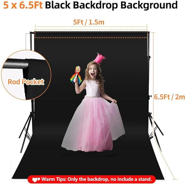 Black Backdrop for Photoshoot, 5x6.5ft Black Photo Backdrop Background, 1.5x2m Collapsible Fabric Backdrop Curtain, Portrait Back Drop Cloth, Content Creator Backdrops for Video Recording