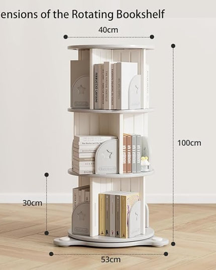 3-Tier Rotating Bookshelf, 360° Spinning Corner Bookcase with Display Stand - HDPE Plastic Book Storage Organizer for Bedroom, Home Office, Classroom, Living Room