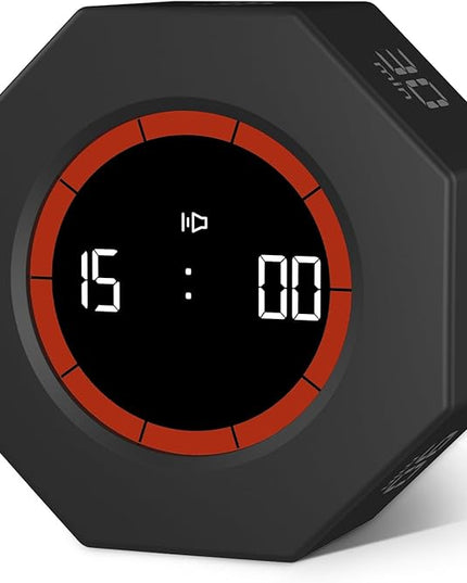 GuDoQi Digital Productivity Timer, Octagon Rotating Pomodoro Timers with Gravity-sensor, 1-3-5-15-30-60-90 Min Countdown, Portable Adjustable Sound Alert Multi Desk Timer or Study Task, Kitchen, Black