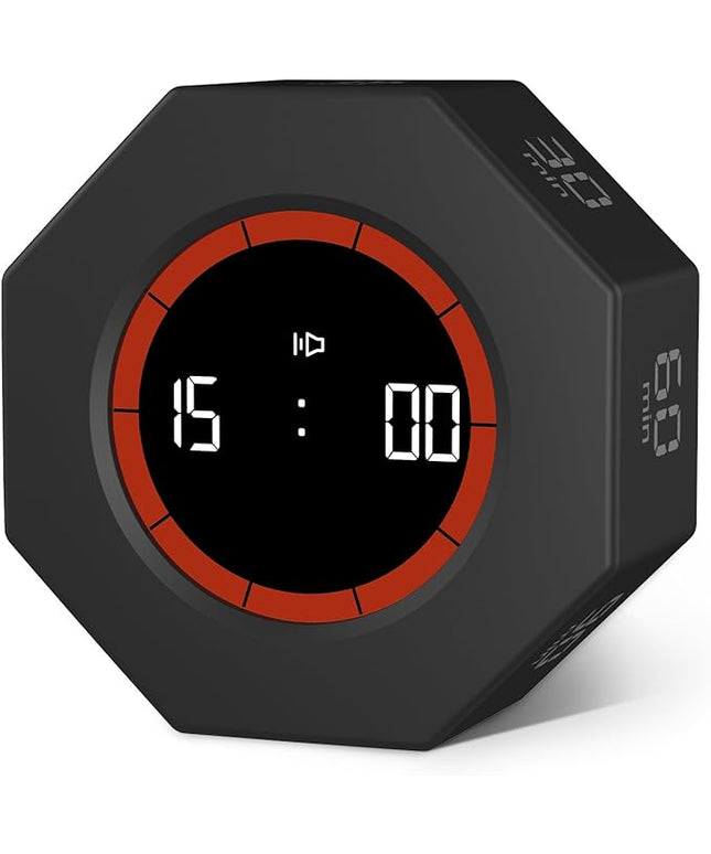 GuDoQi Digital Productivity Timer, Octagon Rotating Pomodoro Timers with Gravity-sensor, 1-3-5-15-30-60-90 Min Countdown, Portable Adjustable Sound Alert Multi Desk Timer or Study Task, Kitchen, Black