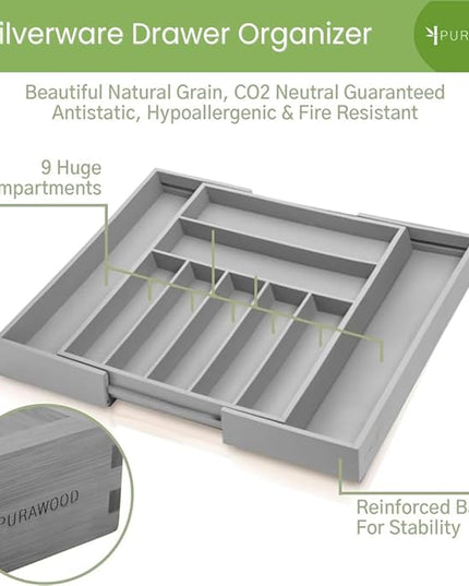 Purawood Bamboo Drawer Organizer - Expandable Silverware Organizer & Utensil Organizer, Cutlery Tray with Dividers, 7-9 Slots - Premium Kitchen Drawer Organizer for Utensils & Flatware (Grey)