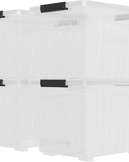 70 Quart Large Plastic Storage Box, Clear Latching Bin with Lid and Wheels, 4 Packs