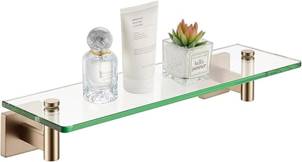 KOKOSIRI Wall Shelves Bathroom Hardware Glass Floating Shelf 16-Inch for Bedroom, Living Room, Kitchen, Hanging Rack Champagne Bronze B1105CPG-L16