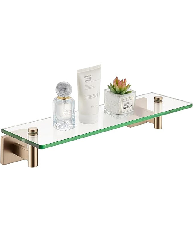 KOKOSIRI Wall Shelves Bathroom Hardware Glass Floating Shelf 16-Inch for Bedroom, Living Room, Kitchen, Hanging Rack Champagne Bronze B1105CPG-L16