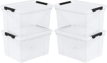 4-Pack 22 Quart Plastic Storage Bins with Lids, Plastic Latching Storage Box with Wheels, Clear