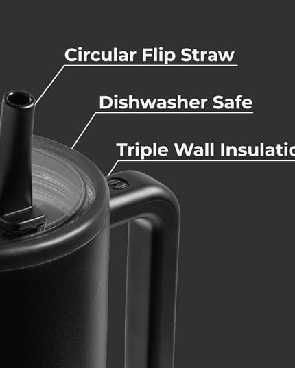 HydroJug Traveler - 32 oz Water Bottle with Handle & Flip Straw - Fits in Cup Holder, Leak Resistant Tumbler-Reusable Insulated Stainless Steel & Rubber Base - Gifts for Women & Men, Black