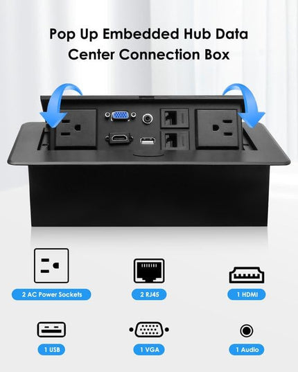Pop Up Conference Table Power Outlet with 2 Power Sockets+2 RJ45+1 HDMI+1 USB+1 VGA and 1 Audio, Embedded Table Hub Data Center Connectivity Box with 9.8FT Power Cord for Conference Desk