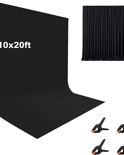 10X20ft Black Photo Backdrops for Photography, LCUIRC Two Rod Pocket Backdrops Curtain for Parties, Polyester Fabric Background with 4 Clamps for Product Protrait Photoshoot or Parties Decoration