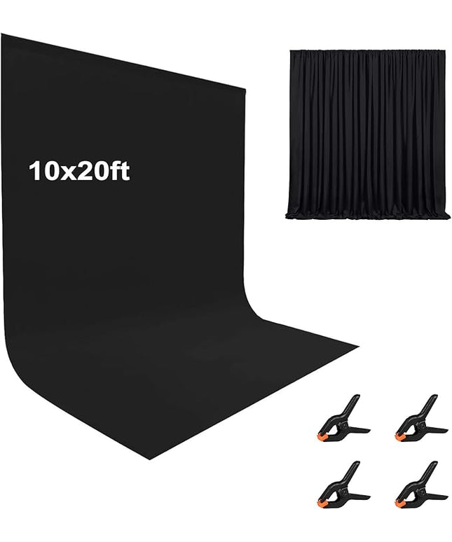 10X20ft Black Photo Backdrops for Photography, LCUIRC Two Rod Pocket Backdrops Curtain for Parties, Polyester Fabric Background with 4 Clamps for Product Protrait Photoshoot or Parties Decoration