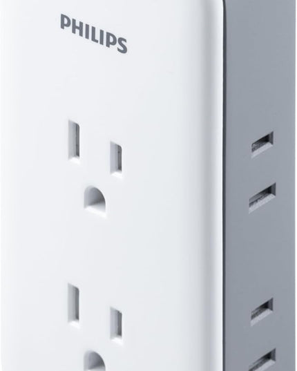 Philips All-in-One Surge Tap with USB, 2 Grounded & 4 Polarized Outlets, 1 USB-C & 1 USB-A Port (15W Shared), 490 Joules, ETL Certified, White/Gray, SPP3503GW/37