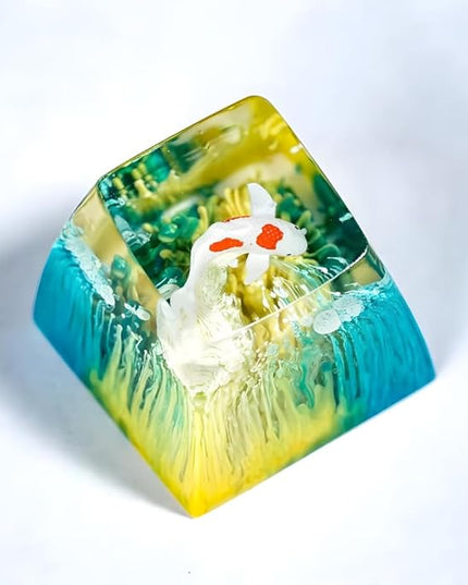 Kohaku Koi Artisan Keycap Yellow and Blue Ocean R1 SA Profile Custom Keycaps 1U ESC Handmade Gaming Resin Key Cap Cherry MX Switch Compatible Mechanical Keyboard Koi Lover Gift