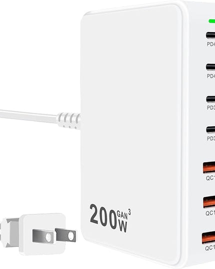 USB C Charger 200W USB C Charger Block, Upgraded GaN 7-Port Fast Charging Station Hub, Laptop Charger Adapter, Compatible with MacBookAir/Pro, DELL, iPhone16/15, iPad, Steam (White)