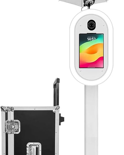 Professional iPad Photo Booth Stand with RGB Ring Light & Umbrella, Compatible with 10.2–13" iPad, Remote Control, Includes Flight Case for Events, Weddings & Rental Use (White, for 10.9)