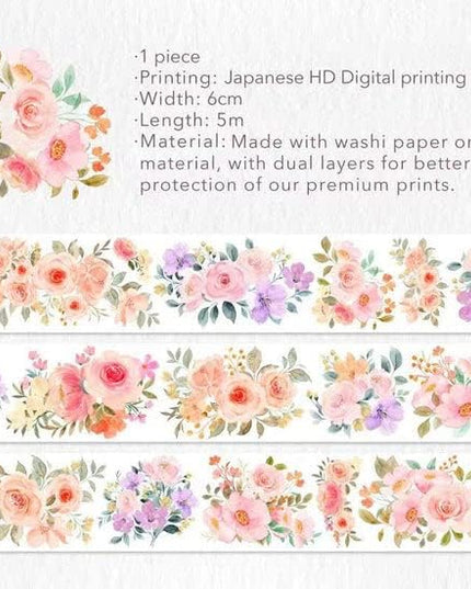 WT Floral PET Tape for Scrapbook Junk Bullet Journaling Supplies, Colored Masking Decorative Tape for Bible Study and Craft Supplies, Width 6cm, Length 5 M(Flower Corridor Wide PET Tape, One Roll)